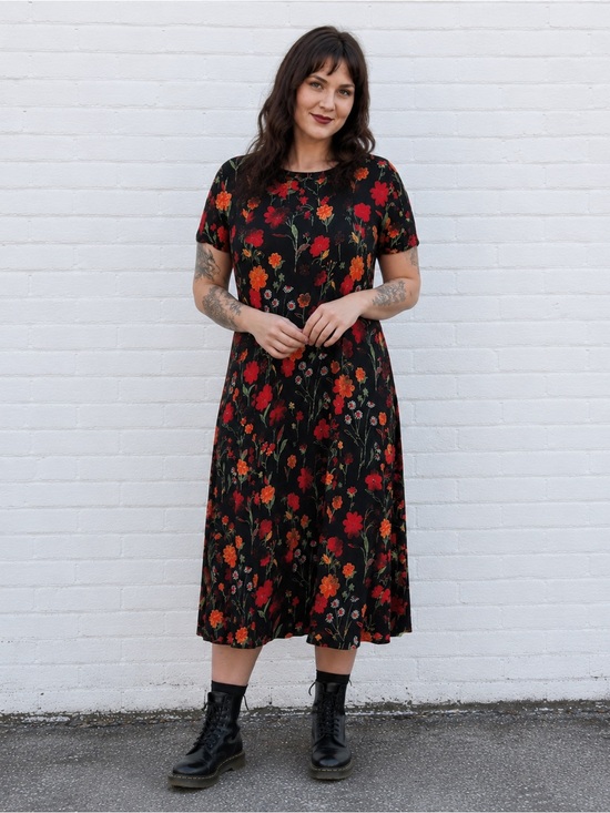 Vintage Dresses & Skirts - Vintage 90s Black Floral Midi Dress Womens Large Whimsigoth Grunge Cottagecore
